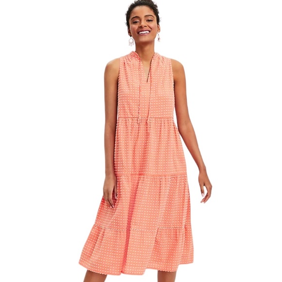 *NWOT* LOFT Sleeveless Tie Neck Tiered Midi/Maxi Dress, Coral Swiss/Clip Dot - Picture 11 of 11